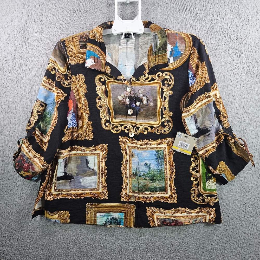 $99 NEW John Mark Shirt Top Women Petite Medium Picture Frame Art Museum Button